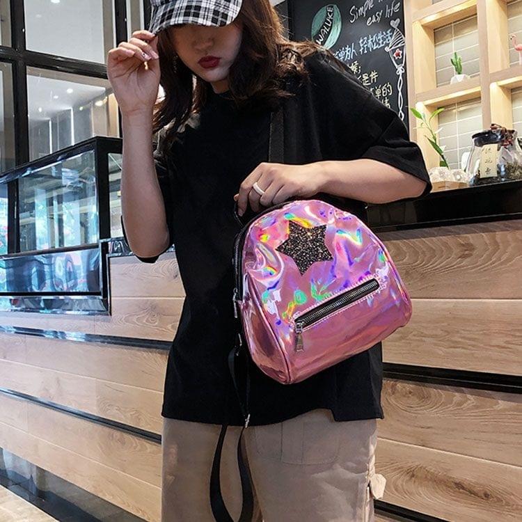 Star Glitter Laser Color PU Leather Double Shoulders Bag Ladies Handbag Backpack Bag (Pink)