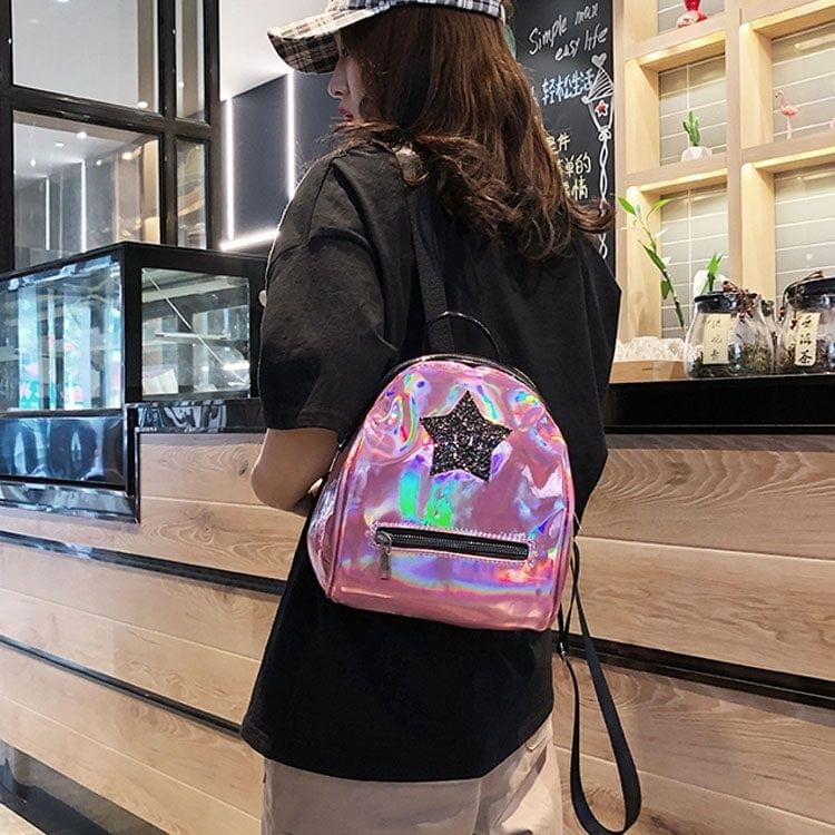 Star Glitter Laser Color PU Leather Double Shoulders Bag Ladies Handbag Backpack Bag (Pink)