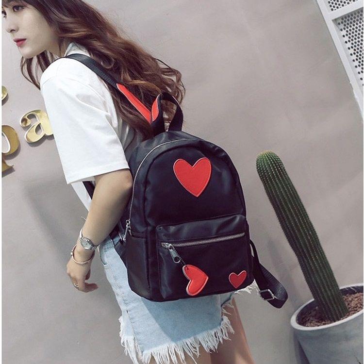 Heart Pattern Double Shoulders School Bag Travel Backpack Bag (Red)