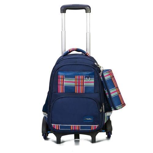 Lovely Double Shoulders School Bag Two-wheeled Rod Backpack Bag with Pen Bag (Blue)