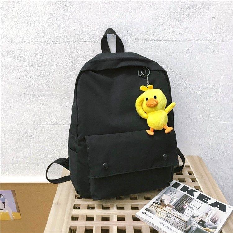 Double Shoulders School Bag Travel Backpack Bag with Duck Doll Pendant (Black)