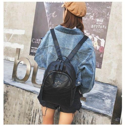 PU Leather School Backpack Casual Handbag Double Shoulder Bag (Black)