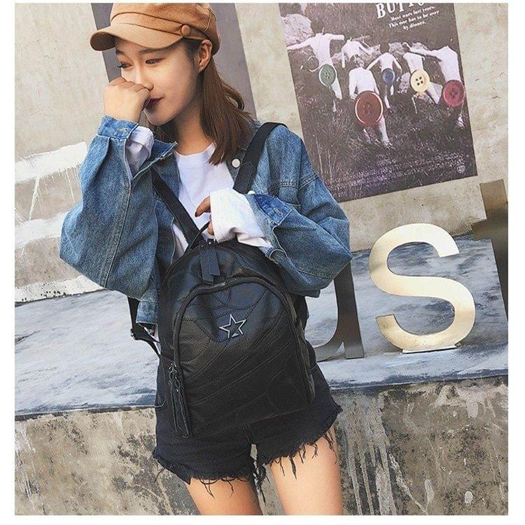 PU Leather School Backpack Casual Handbag Double Shoulder Bag (Black)