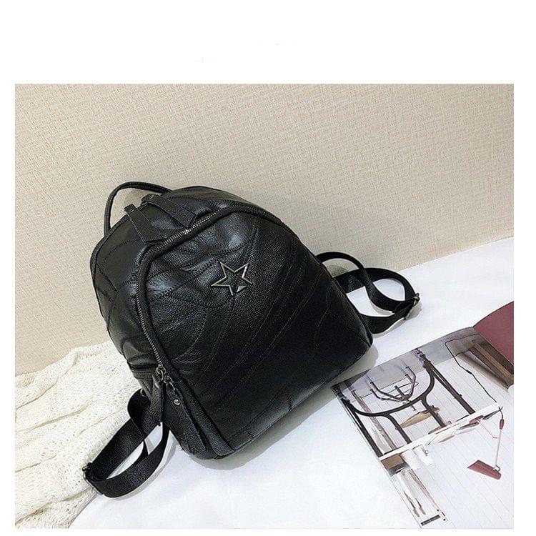 PU Leather School Backpack Casual Handbag Double Shoulder Bag (Black)