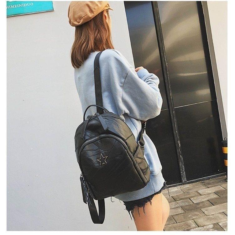 PU Leather School Backpack Casual Handbag Double Shoulder Bag (Black)