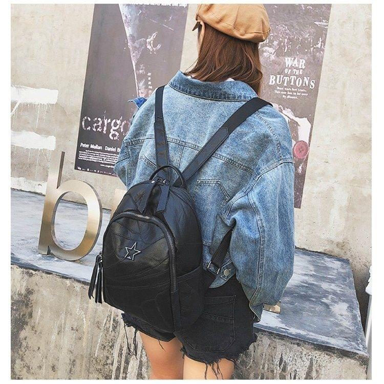 PU Leather School Backpack Casual Handbag Double Shoulder Bag (Black)