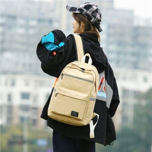 Reflective Strip Zipper Nylon Double Shoulders School Bag Travel Backpack Bag (Khaki)
