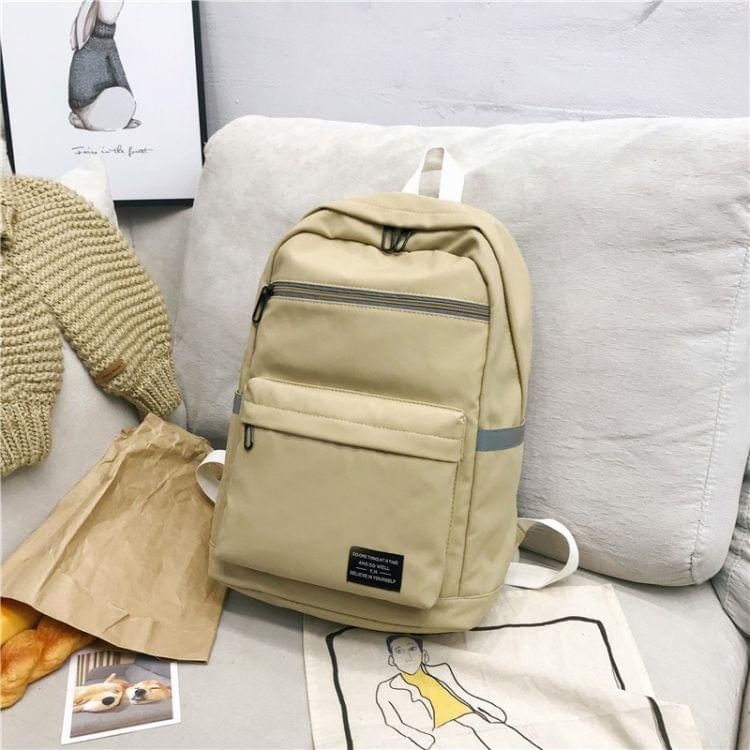 Reflective Strip Zipper Nylon Double Shoulders School Bag Travel Backpack Bag (Khaki)