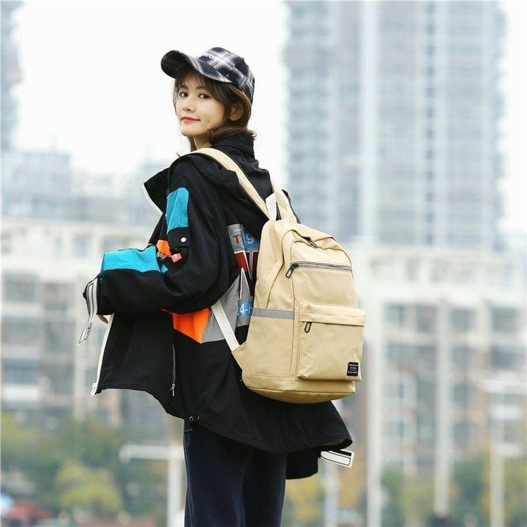 Reflective Strip Zipper Nylon Double Shoulders School Bag Travel Backpack Bag (Khaki)