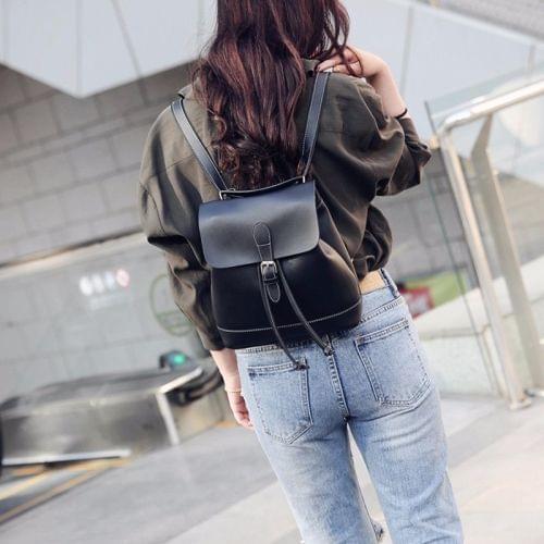 Drawstring PU Leather Double Side Zippers Double Shoulders School Bag Travel Backpack Bag (Black)