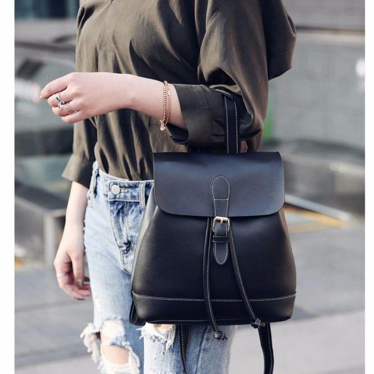 Drawstring PU Leather Double Side Zippers Double Shoulders School Bag Travel Backpack Bag (Black)