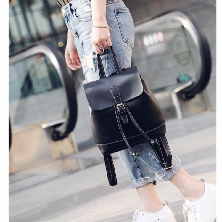 Drawstring PU Leather Double Side Zippers Double Shoulders School Bag Travel Backpack Bag (Black)