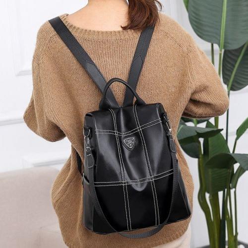 Multi-function Anti-theft Waterproof Casual Fashion Ladies PU Leather Backpack Crossbody Bag (Black)