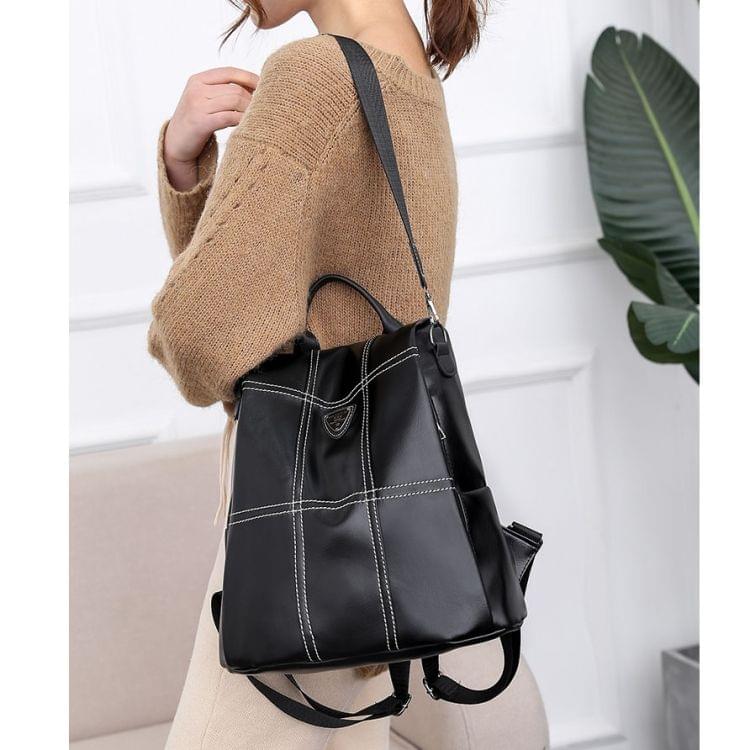 Multi-function Anti-theft Waterproof Casual Fashion Ladies PU Leather Backpack Crossbody Bag (Black)