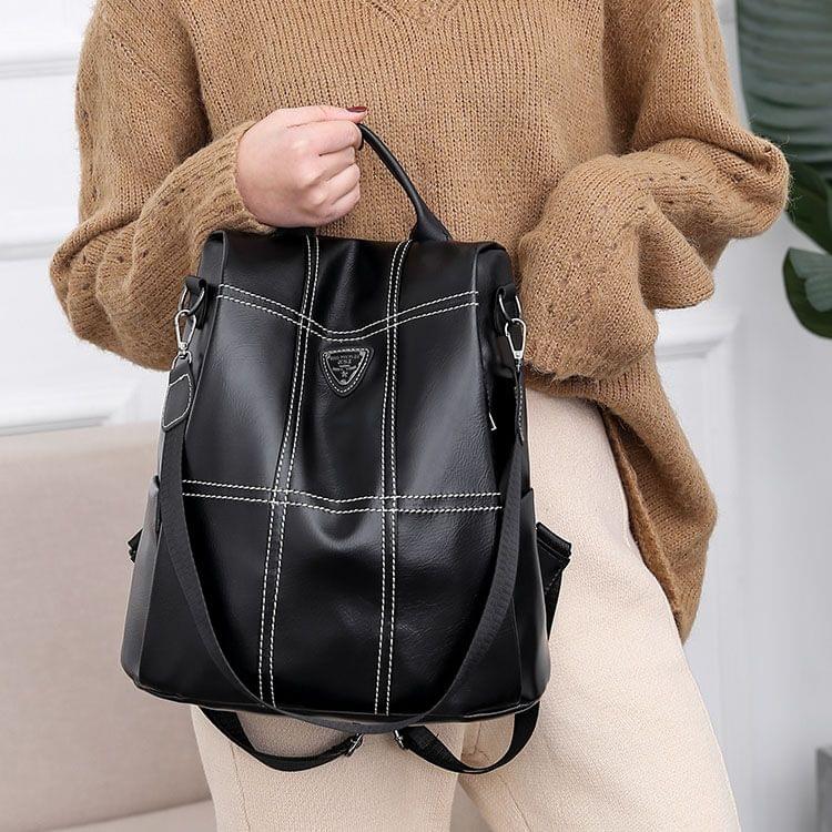 Multi-function Anti-theft Waterproof Casual Fashion Ladies PU Leather Backpack Crossbody Bag (Black)