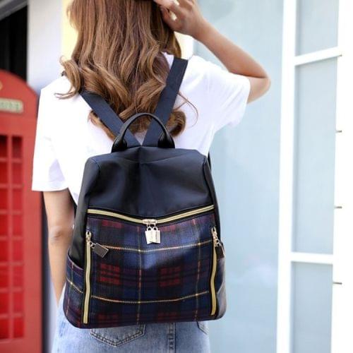Retro Plaid PU Leather Double Shoulders School Bag Travel Backpack Bag (Red)