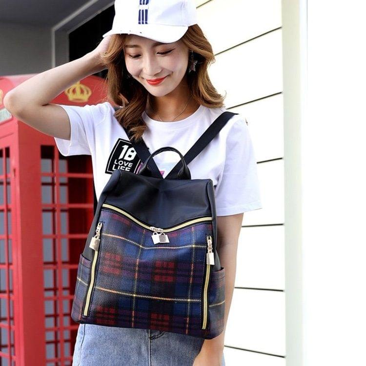 Retro Plaid PU Leather Double Shoulders School Bag Travel Backpack Bag (Red)