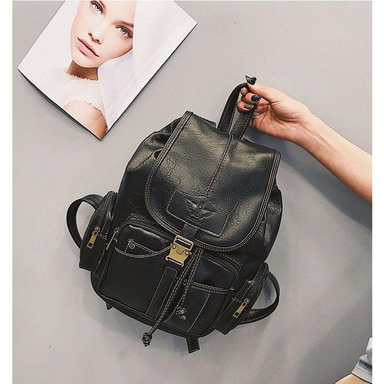 Simple Soft PU Leather Backpack Large Capacity Ladies Messenger Bags Handbag (Black)
