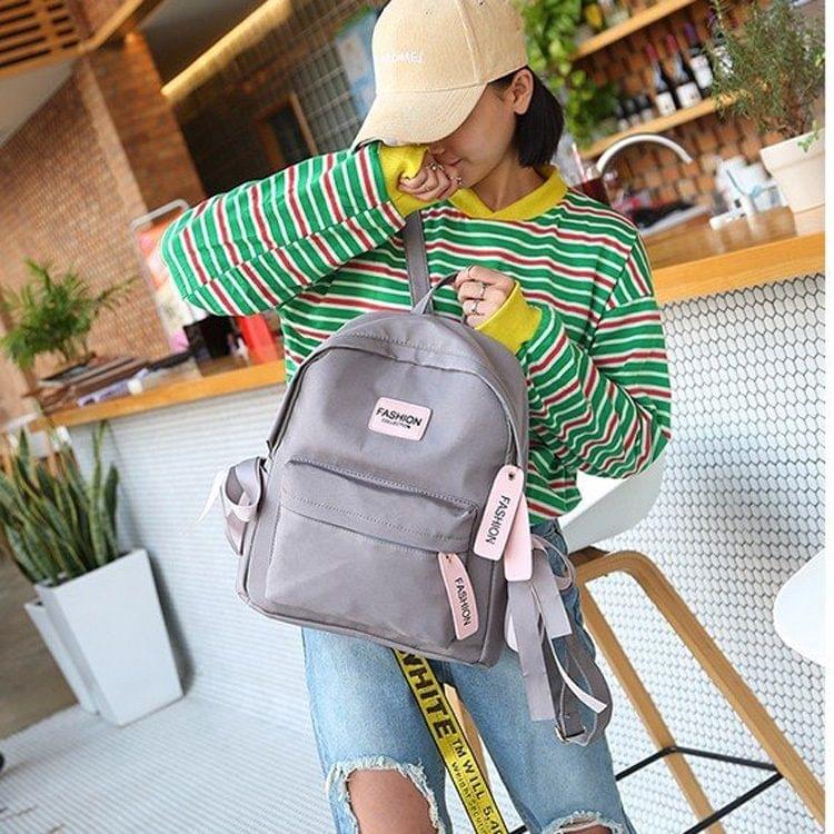 Ribbon Bow Double Shoulders School Bag Travel Backpack Bag (Gray)