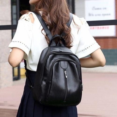 PU Leather Double Layers Double Shoulders School Bag Travel Backpack Bag (Black)