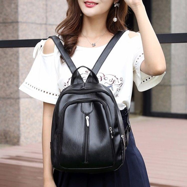 PU Leather Double Layers Double Shoulders School Bag Travel Backpack Bag (Black)