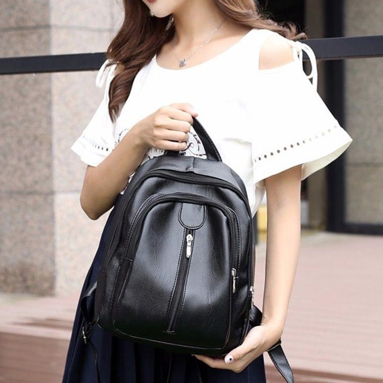 PU Leather Double Layers Double Shoulders School Bag Travel Backpack Bag (Black)