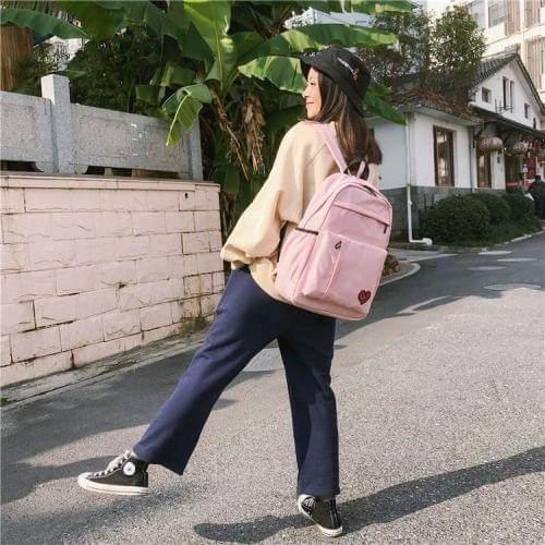 Pure Color Heart Nylon Double Shoulders School Bag Travel Backpack Bag (Pink)