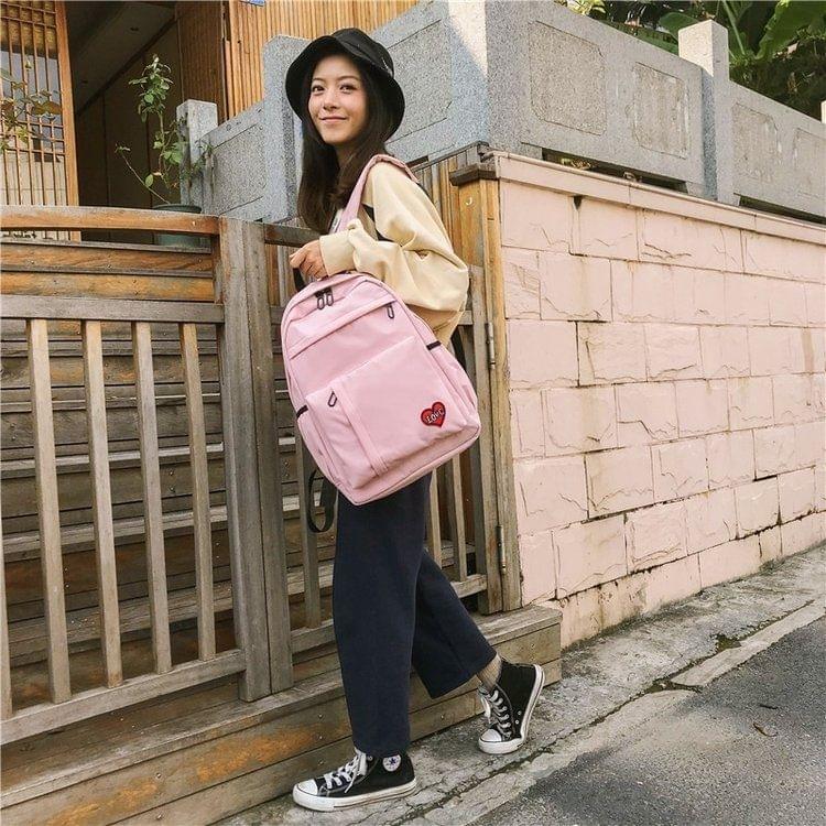 Pure Color Heart Nylon Double Shoulders School Bag Travel Backpack Bag (Pink)