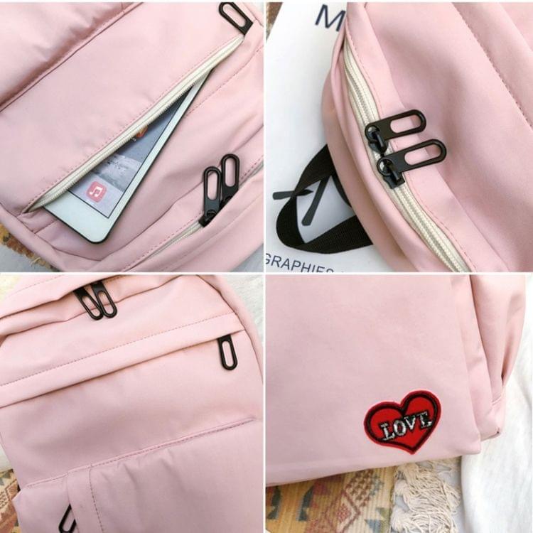 Pure Color Heart Nylon Double Shoulders School Bag Travel Backpack Bag (Pink)