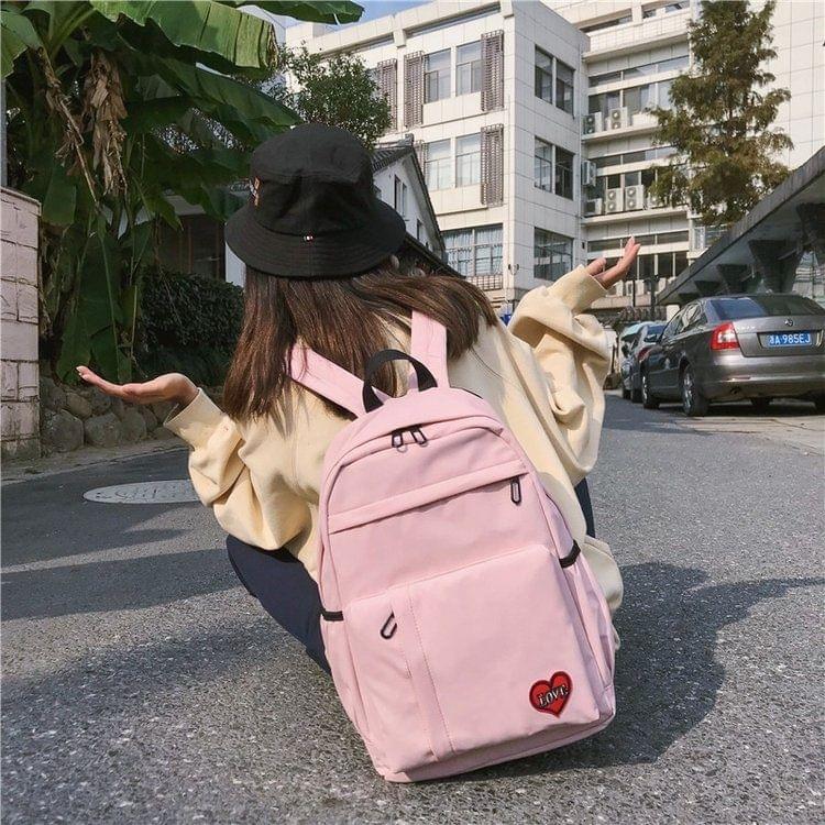 Pure Color Heart Nylon Double Shoulders School Bag Travel Backpack Bag (Pink)