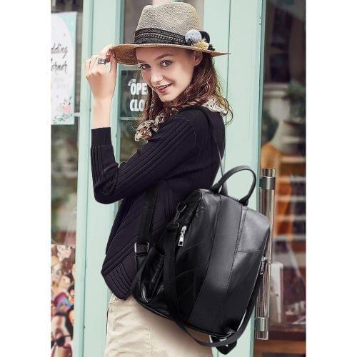 Solid Color Casual Shoulder PU Leather Backpack Ladies Handbag (Black)