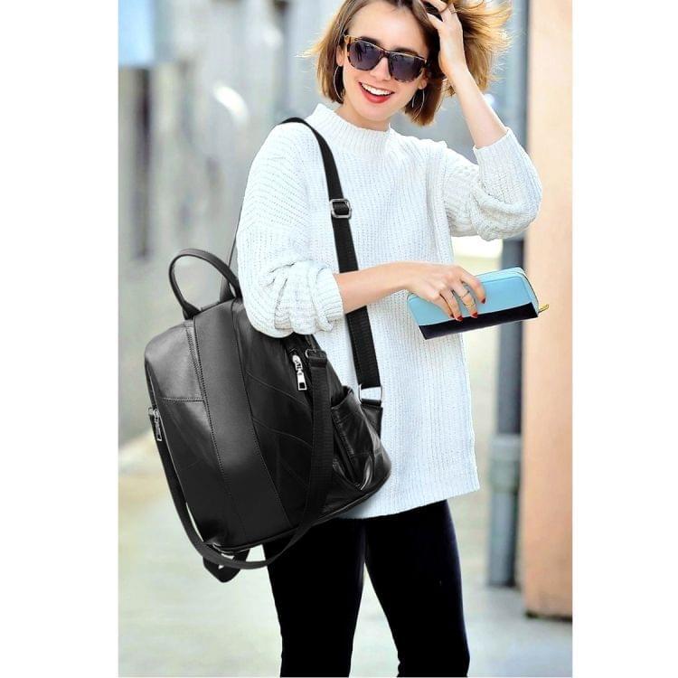 Solid Color Casual Shoulder PU Leather Backpack Ladies Handbag (Black)