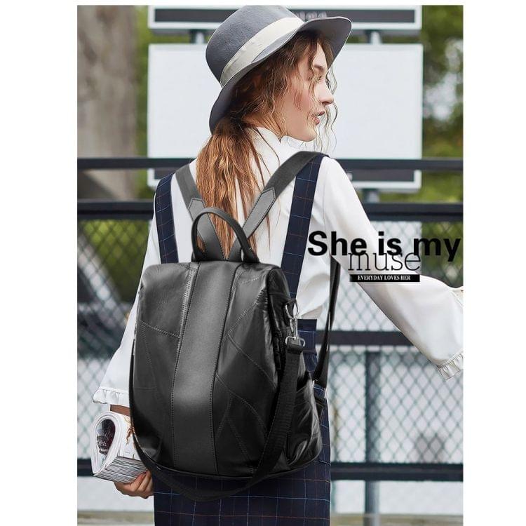 Solid Color Casual Shoulder PU Leather Backpack Ladies Handbag (Black)
