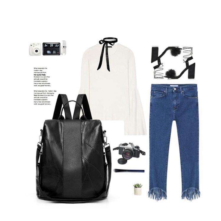 Solid Color Casual Shoulder PU Leather Backpack Ladies Handbag (Black)