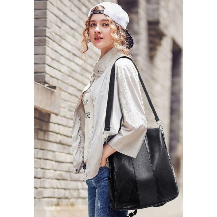 Solid Color Casual Shoulder PU Leather Backpack Ladies Handbag (Black)
