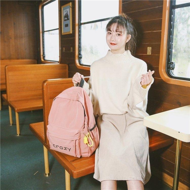 Printed Word Double Shoulders School Bag Travel Backpack Bag with Duck Doll Pendant (Pink)
