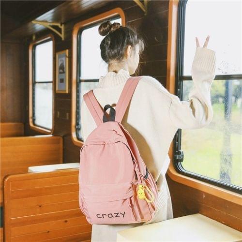 Printed Word Double Shoulders School Bag Travel Backpack Bag with Duck Doll Pendant (Pink)