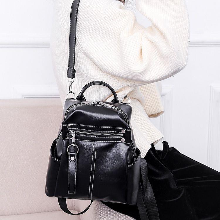 Fashion PU Backpack Women's Handbag Casual Messenger Bag Shoulder Bag (Black)