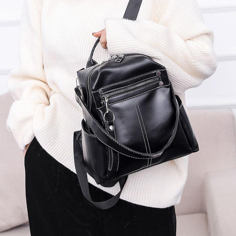 Fashion PU Backpack Women's Handbag Casual Messenger Bag Shoulder Bag (Black)