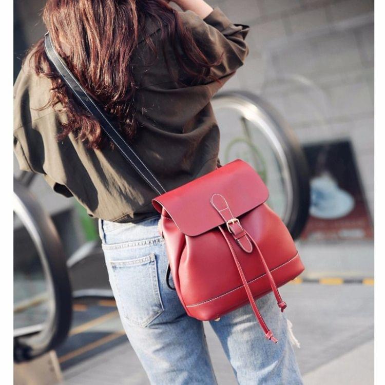 Drawstring PU Leather Double Side Zippers Double Shoulders School Bag Travel Backpack Bag (Red)