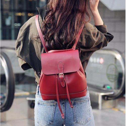 Drawstring PU Leather Double Side Zippers Double Shoulders School Bag Travel Backpack Bag (Red)