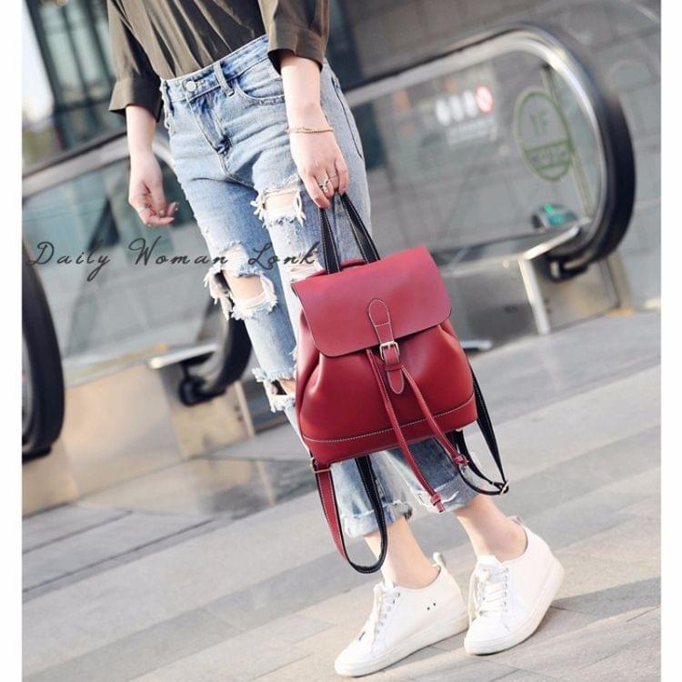 Drawstring PU Leather Double Side Zippers Double Shoulders School Bag Travel Backpack Bag (Red)
