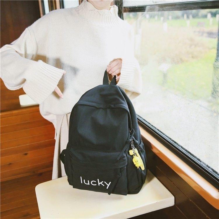 Printed Word Double Shoulders School Bag Travel Backpack Bag with Duck Doll Pendant (Black)