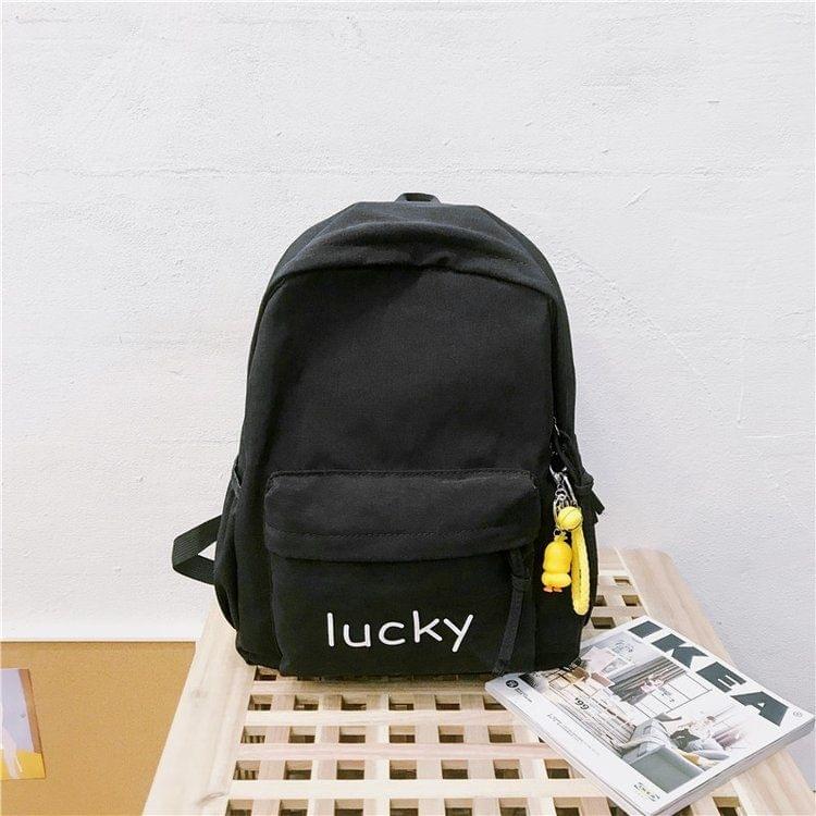 Printed Word Double Shoulders School Bag Travel Backpack Bag with Duck Doll Pendant (Black)