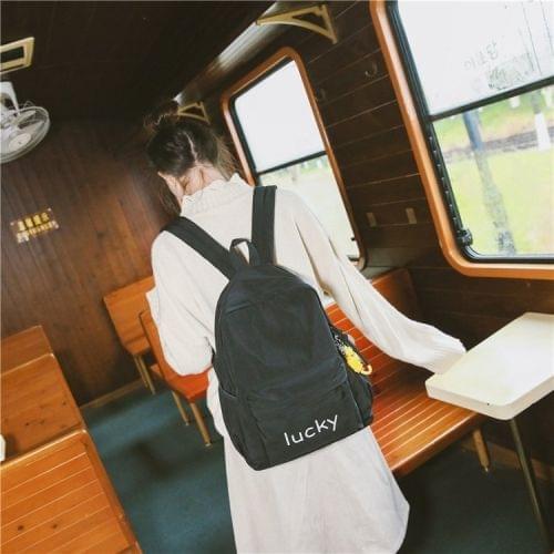 Printed Word Double Shoulders School Bag Travel Backpack Bag with Duck Doll Pendant (Black)