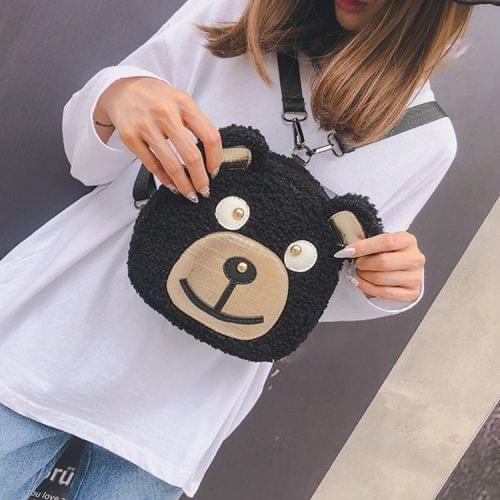 Bear Head Shape Casual Plush Double Shoulders Bag (Black)