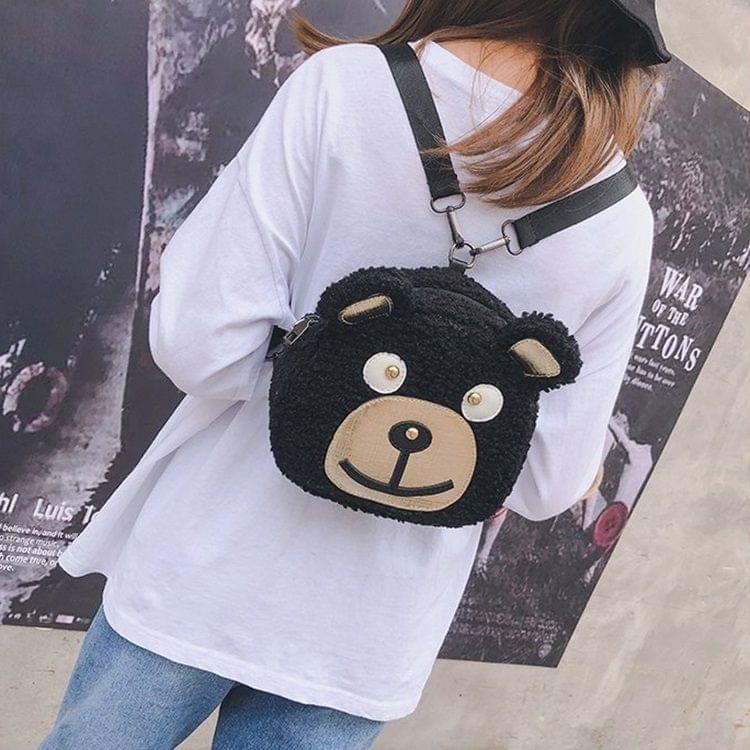 Bear Head Shape Casual Plush Double Shoulders Bag (Black)