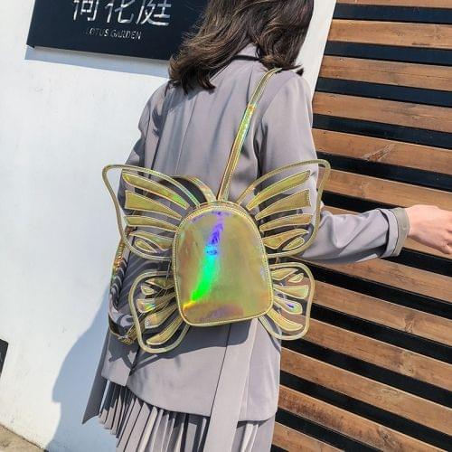 Butterfly Shape Laser Color PU Leather Double Shoulders Bag Ladies Handbag (Gold)