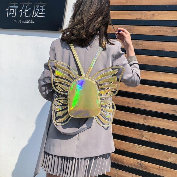 Butterfly Shape Laser Color PU Leather Double Shoulders Bag Ladies Handbag (Gold)