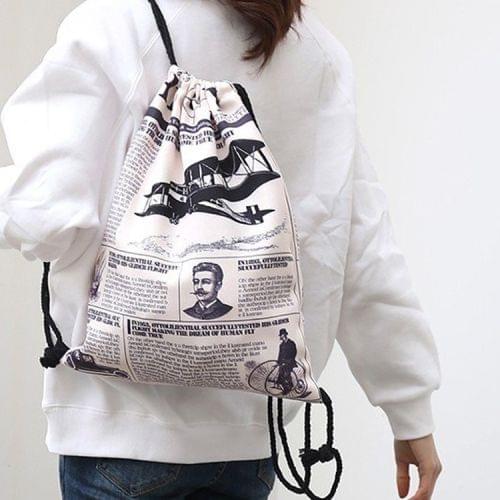 News Newspaper Pattern Printing Double Shoulders Drawstring Sports Backpack Bag (Beige)